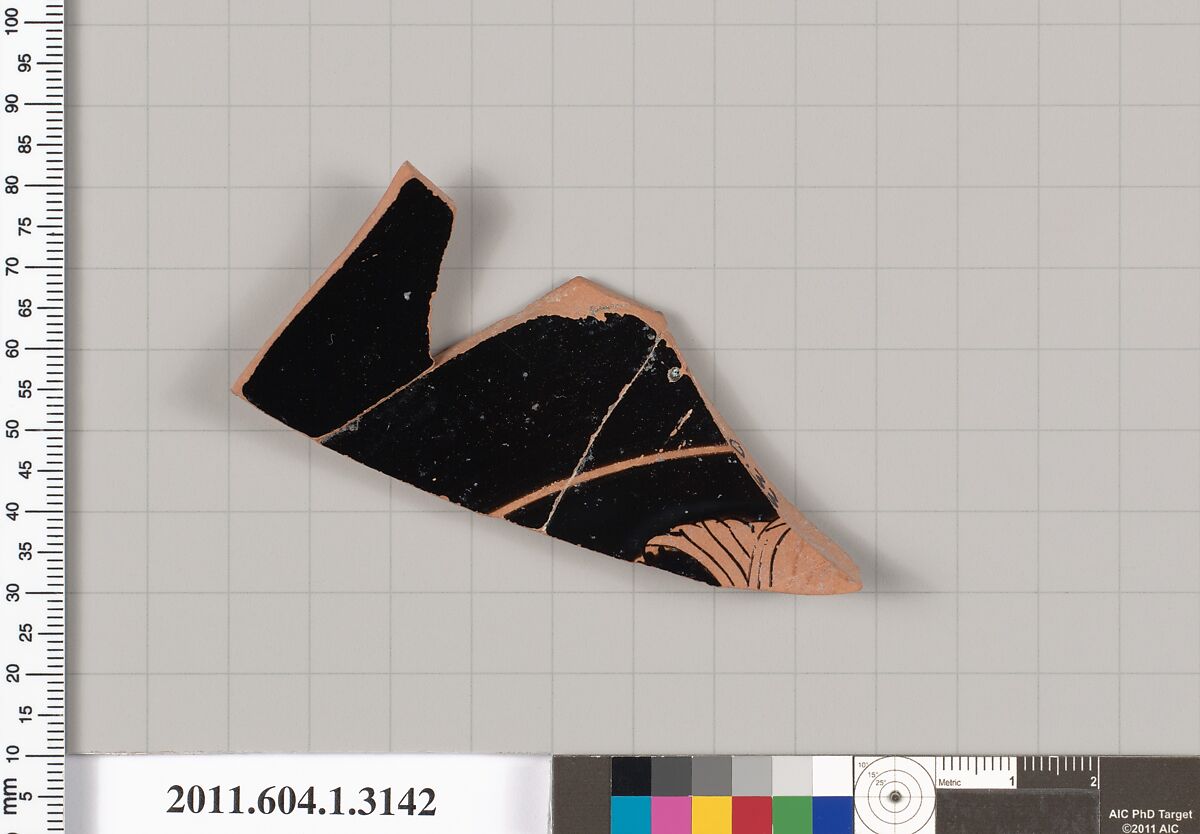 Terracotta fragment of a kylix (drinking cup), Terracotta, Greek, Attic