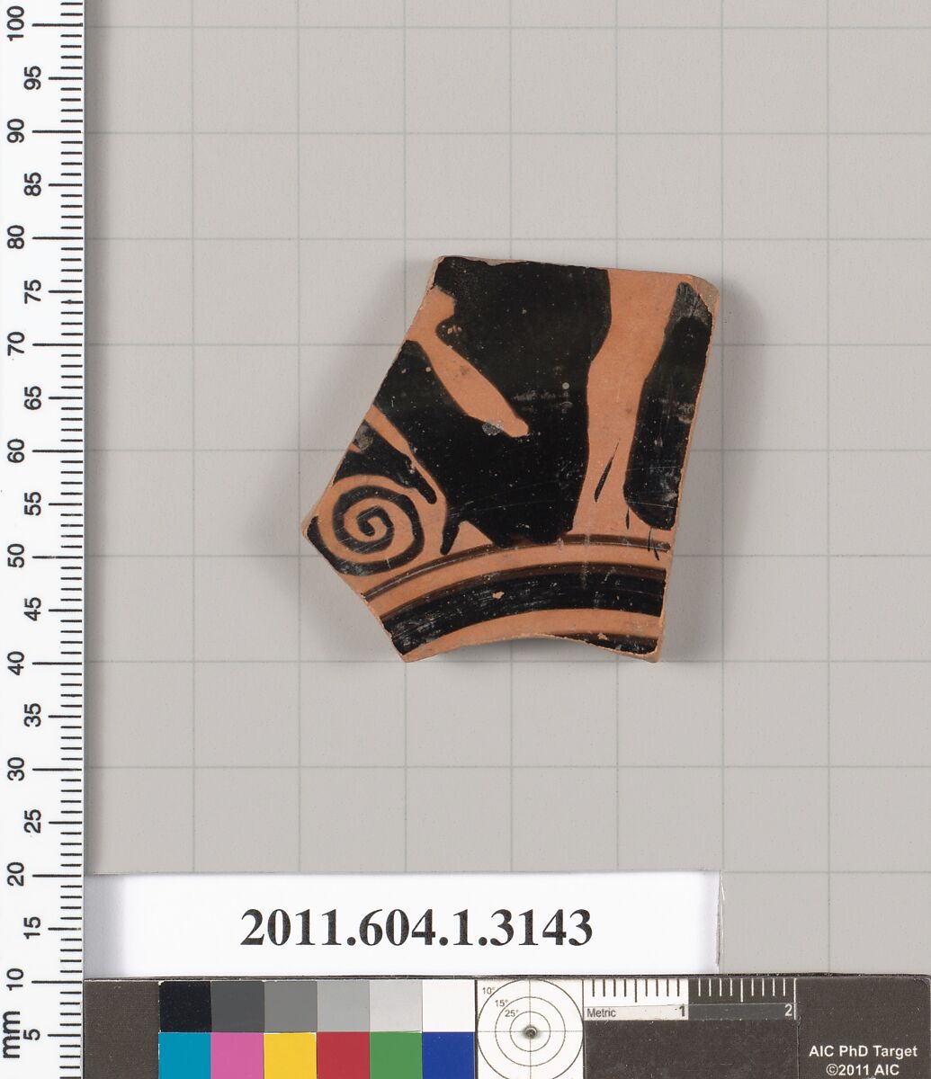 Terracotta fragment of a kylix (drinking cup), Terracotta, Greek, Attic