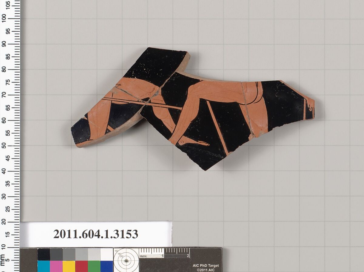 Terracotta fragment of a kylix (drinking cup), Terracotta, Greek, Attic