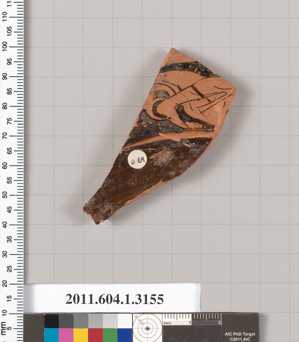 Terracotta fragment of a kylix (drinking cup), Terracotta, Greek, Attic