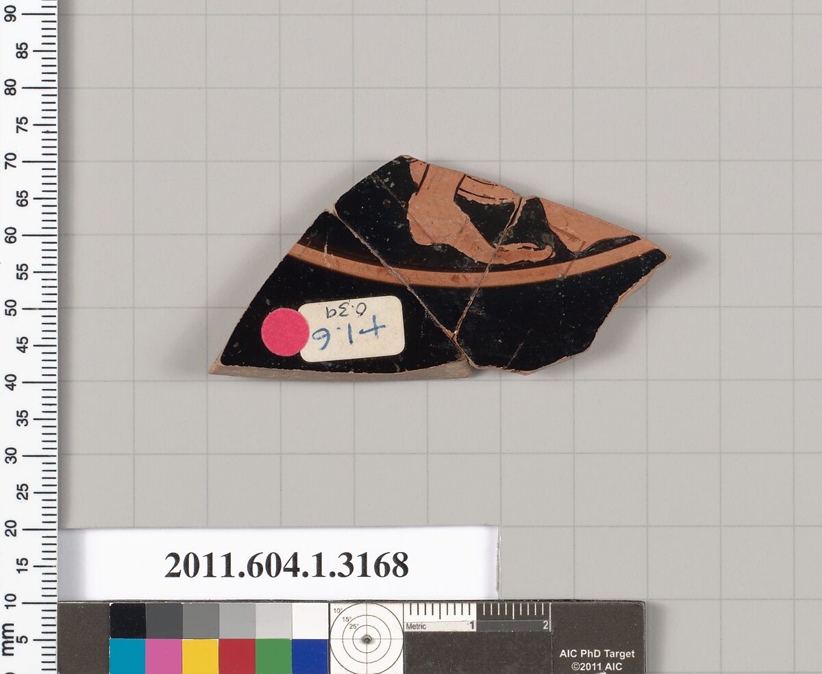 Terracotta fragment of a kylix (drinking cup), Terracotta, Greek, Attic 