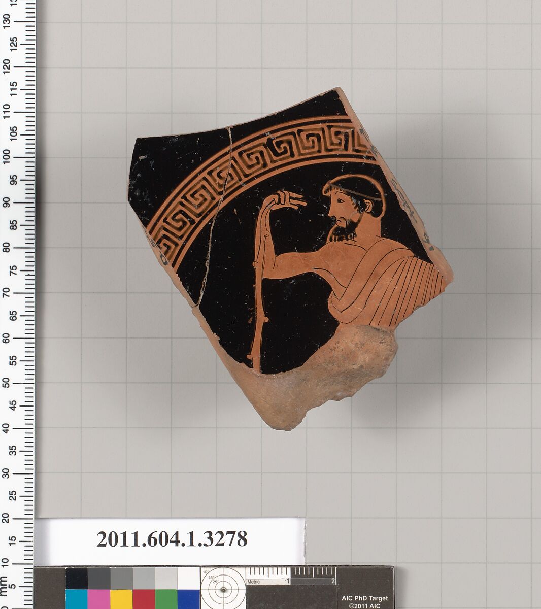 Terracotta fragment of a kylix (drinking cup), Terracotta, Greek, Attic 