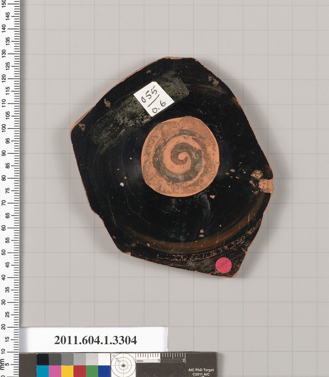 Terracotta fragment of a kylix (drinking cup), Terracotta, Greek, Attic