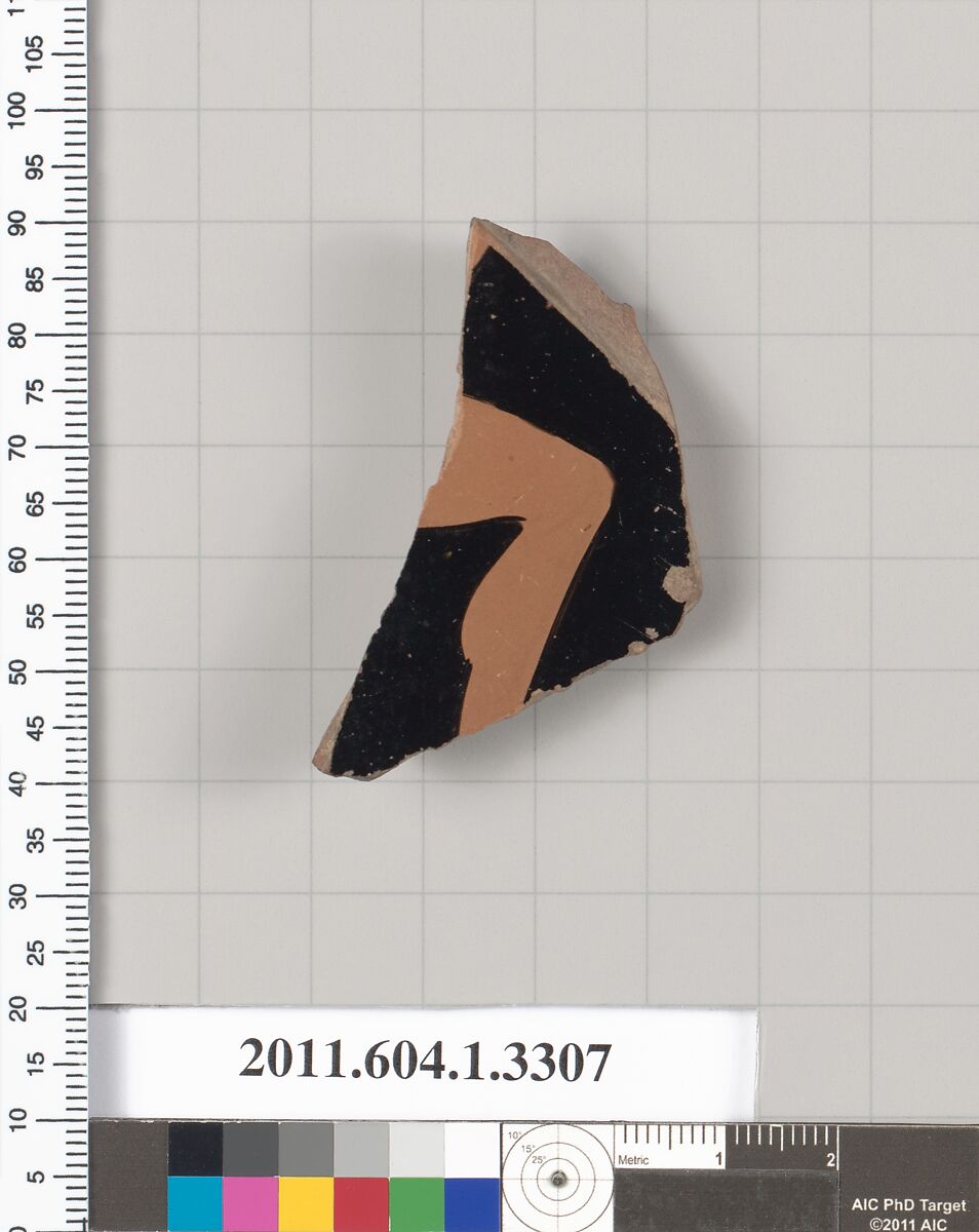 Terracotta fragment of a kylix (drinking cup), Terracotta, Greek, Attic 