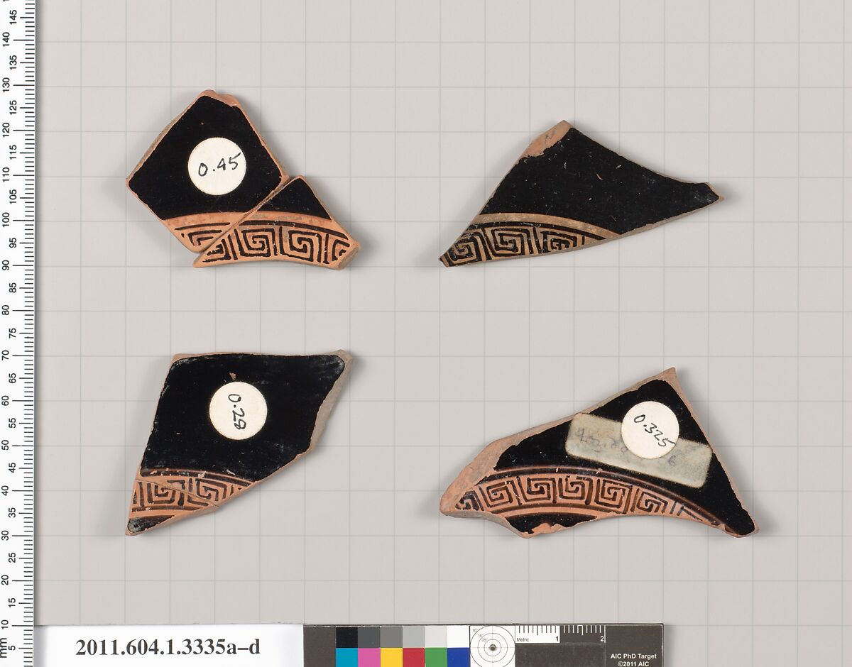 Terracotta fragments of kylikes (drinking cups), Terracotta, Greek, Attic 