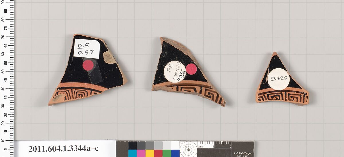 Terracotta fragments of kylikes (drinking cups), Terracotta, Greek, Attic 