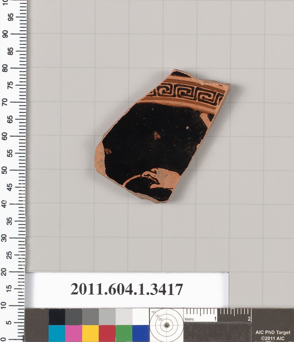 Terracotta fragment of a kylix (drinking cup), Terracotta, Greek, Attic 