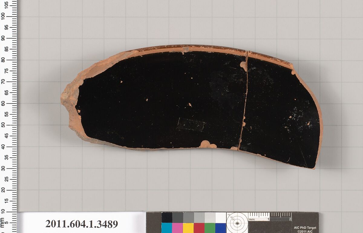 Terracotta fragment of a kylix (drinking cup), Terracotta, Greek, Attic