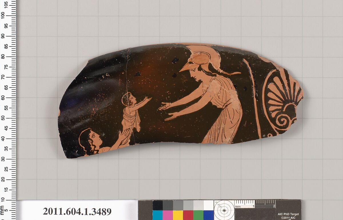 Terracotta fragment of a kylix (drinking cup), Terracotta, Greek, Attic 