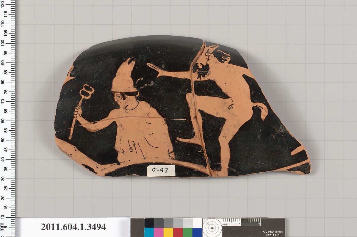 Terracotta fragment of a kylix (drinking cup), Terracotta, Greek, Attic
