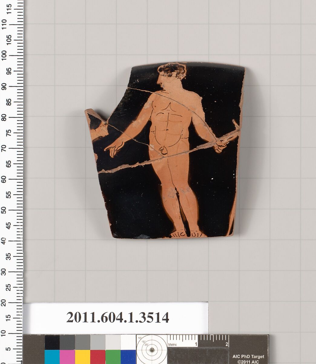 Terracotta fragment of a kylix (drinking cup), Terracotta, Greek, Attic