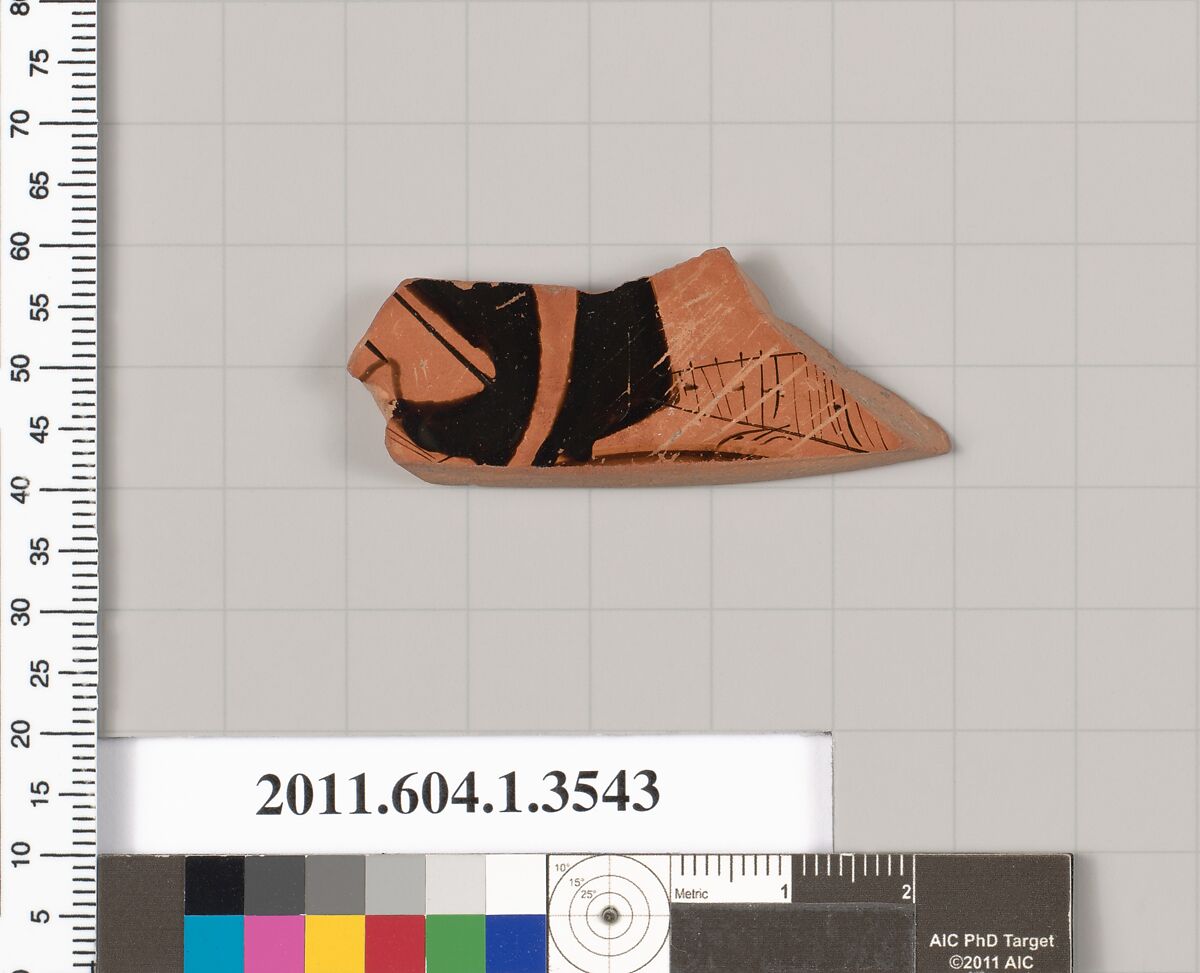 Terracotta fragment of a kylix (drinking cup), Terracotta, Greek, Attic