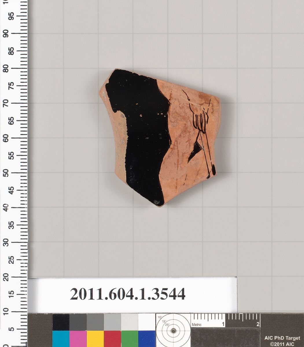 Terracotta fragment of a kylix (drinking cup), Terracotta, Greek, Attic