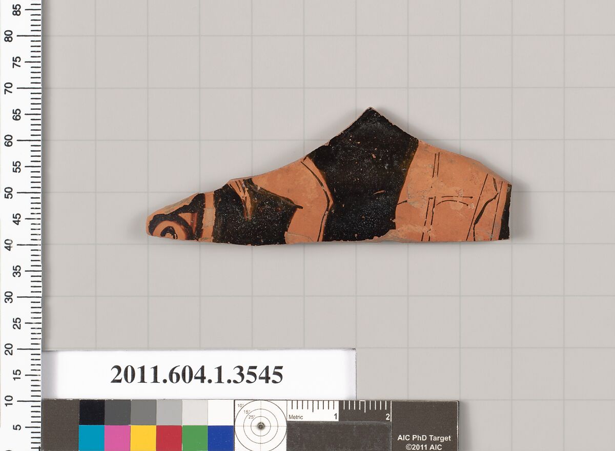 Terracotta fragment of a kylix (drinking cup), Terracotta, Greek, Attic