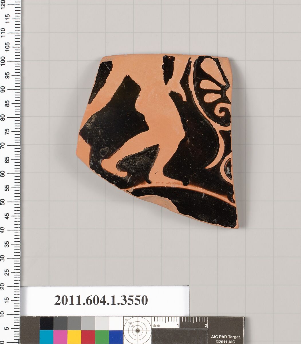 Terracotta fragment of a kylix (drinking cup), Terracotta, Greek, Attic