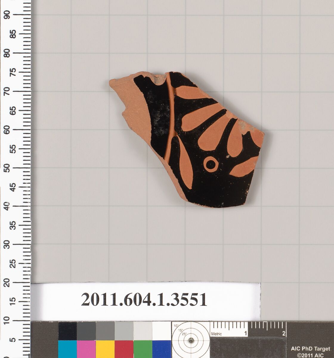 Terracotta fragment of a kylix (drinking cup), Terracotta, Greek, Attic