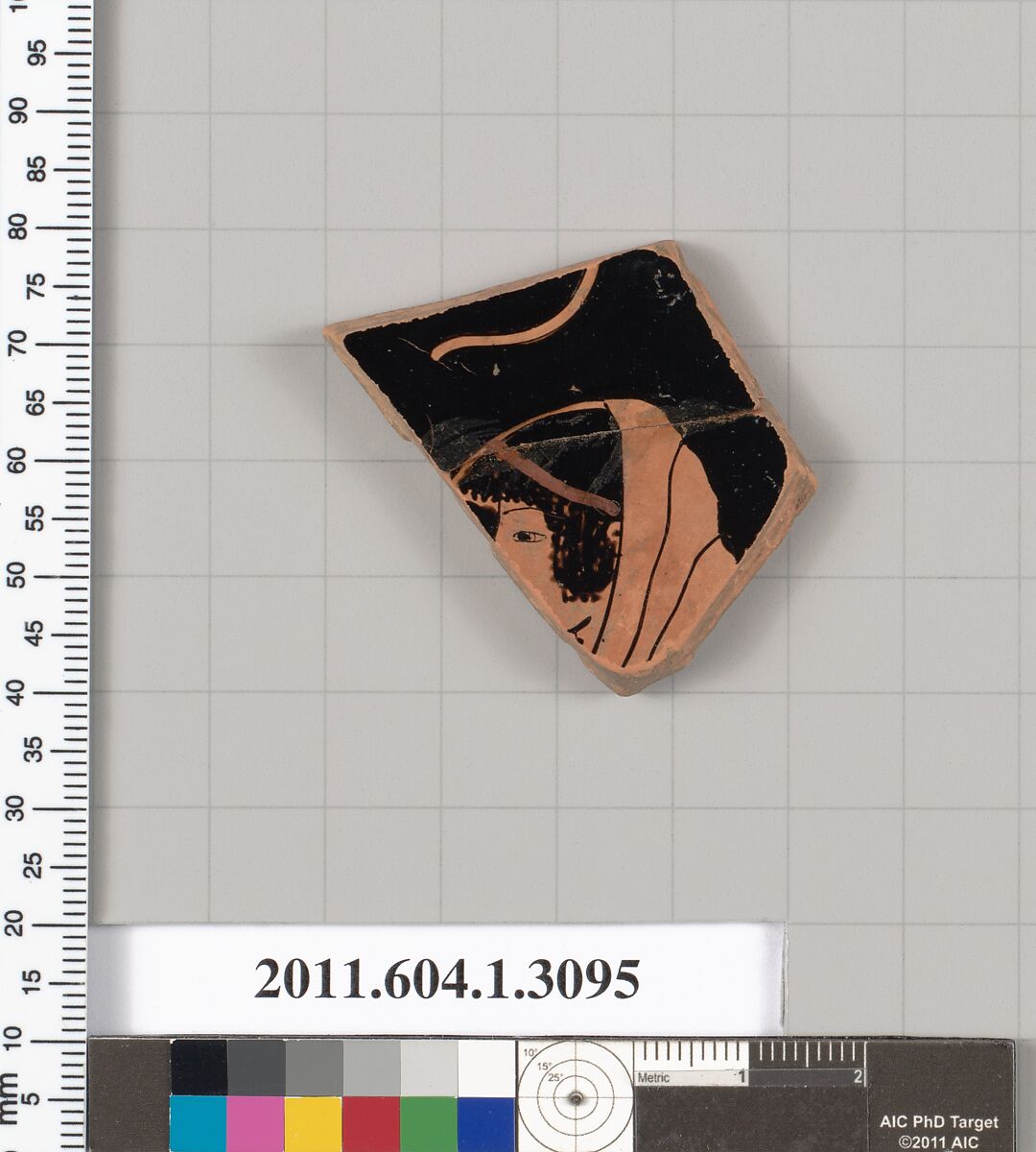 Terracotta fragment of a kylix (drinking cup), Terracotta, Greek, Attic 