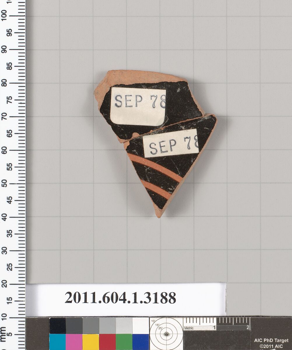 Terracotta fragment of a kylix (drinking cup), Terracotta, Greek, Attic