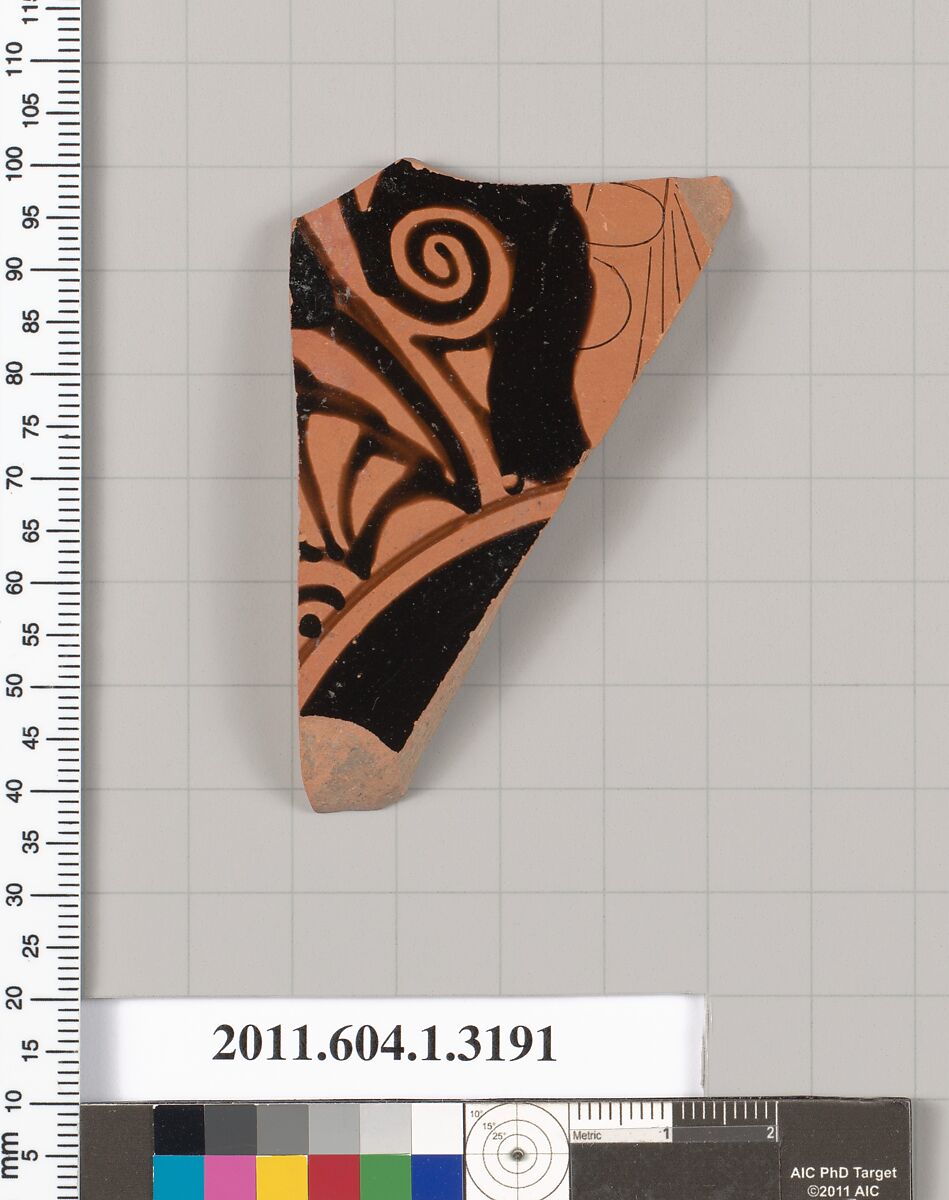 Terracotta fragment of a kylix (drinking cup), Terracotta, Greek, Attic