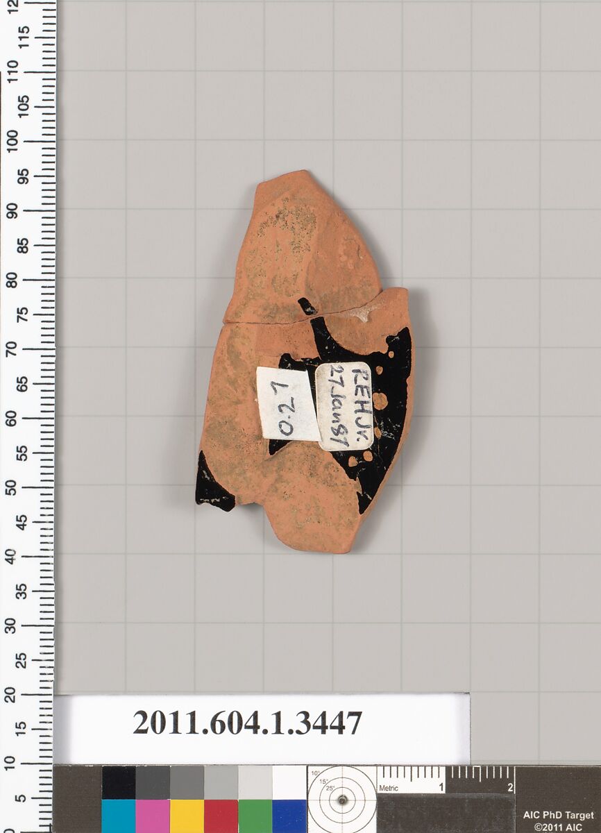 Terracotta fragment of a kylix (drinking cup), Terracotta, Greek, Attic