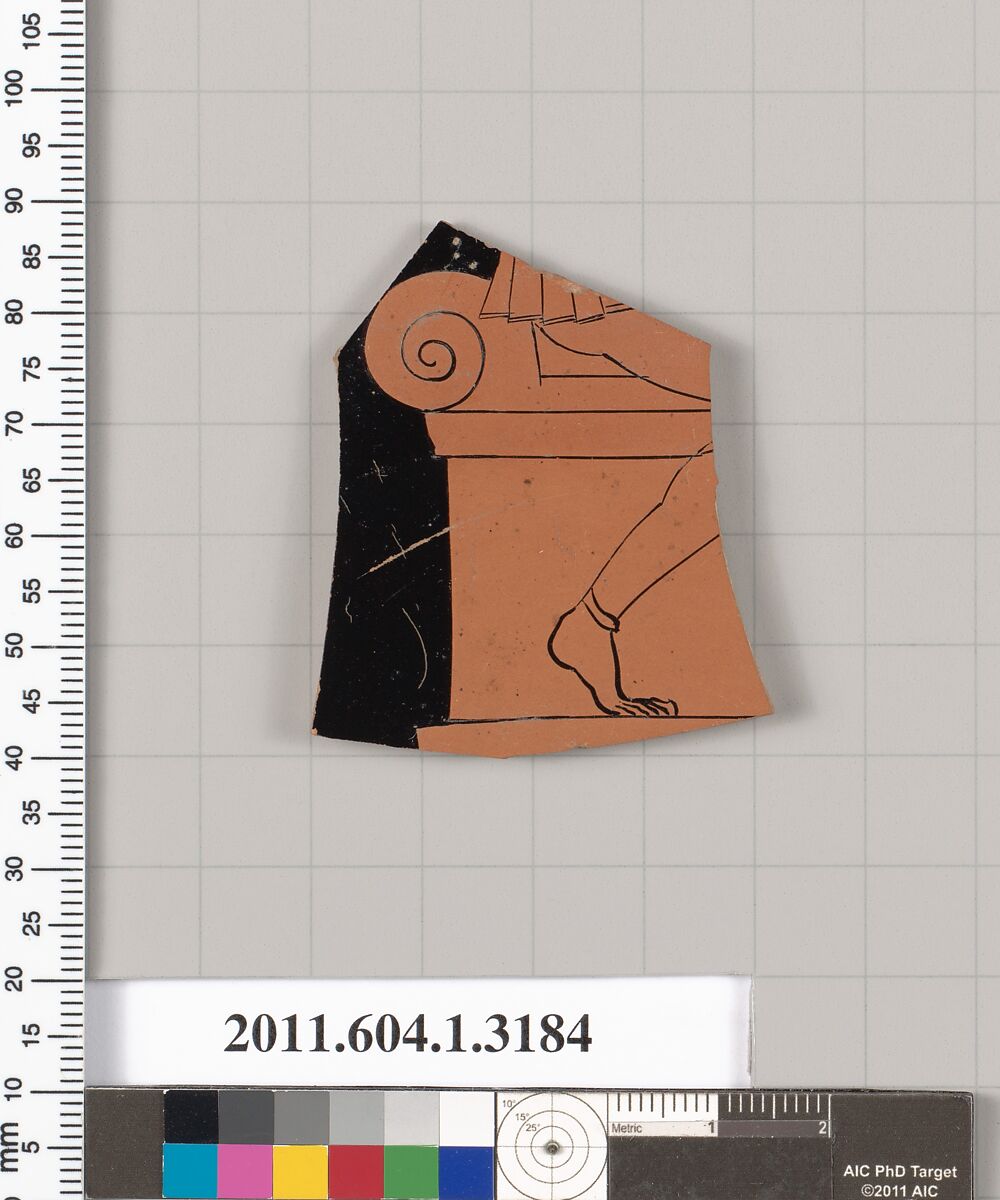 Terracotta fragment of a kylix (drinking cup), Attributed to the Carpenter Painter [DvB], Terracotta, Greek, Attic