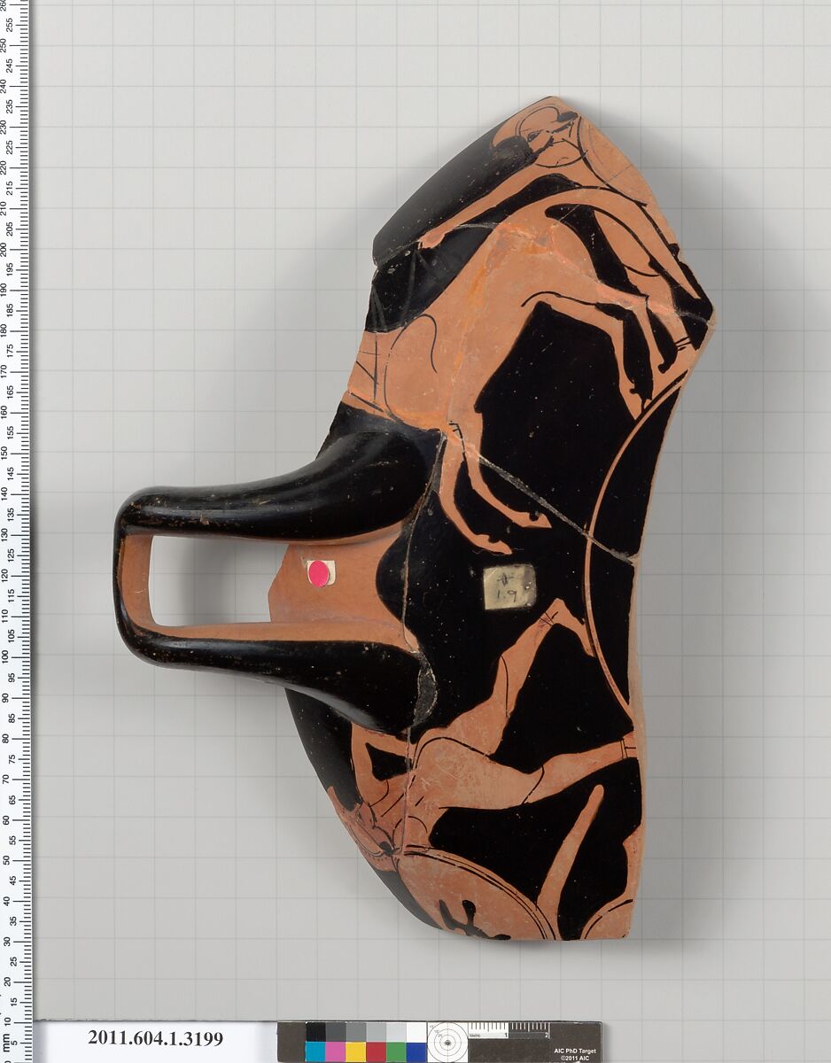 Terracotta rim fragment of a kylix (drinking cup), Attributed to the Manner of the Epeleios Painter [DvB], Terracotta, Greek, Attic