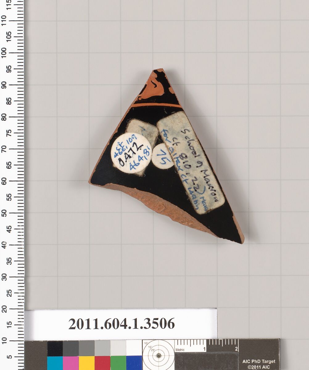 Terracotta fragment of a kylix (drinking cup), Attributed to the School of Makron [DvB], Terracotta, Greek, Attic