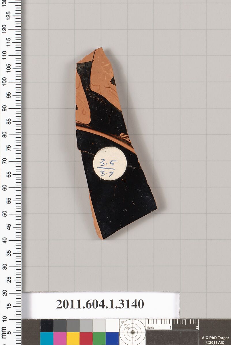 Terracotta fragment of a kylix (drinking cup), Attributed as Related to the Thalia Painter [DvB], Terracotta, Greek, Attic