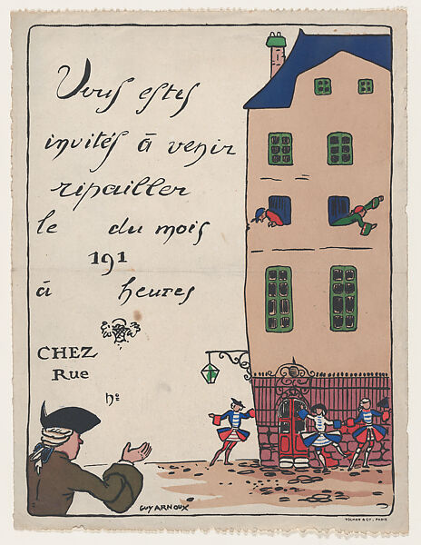 Invitation, Guy Arnoux (French, Paris 1886–1951 Paris), Zincography, colored with stencil 
