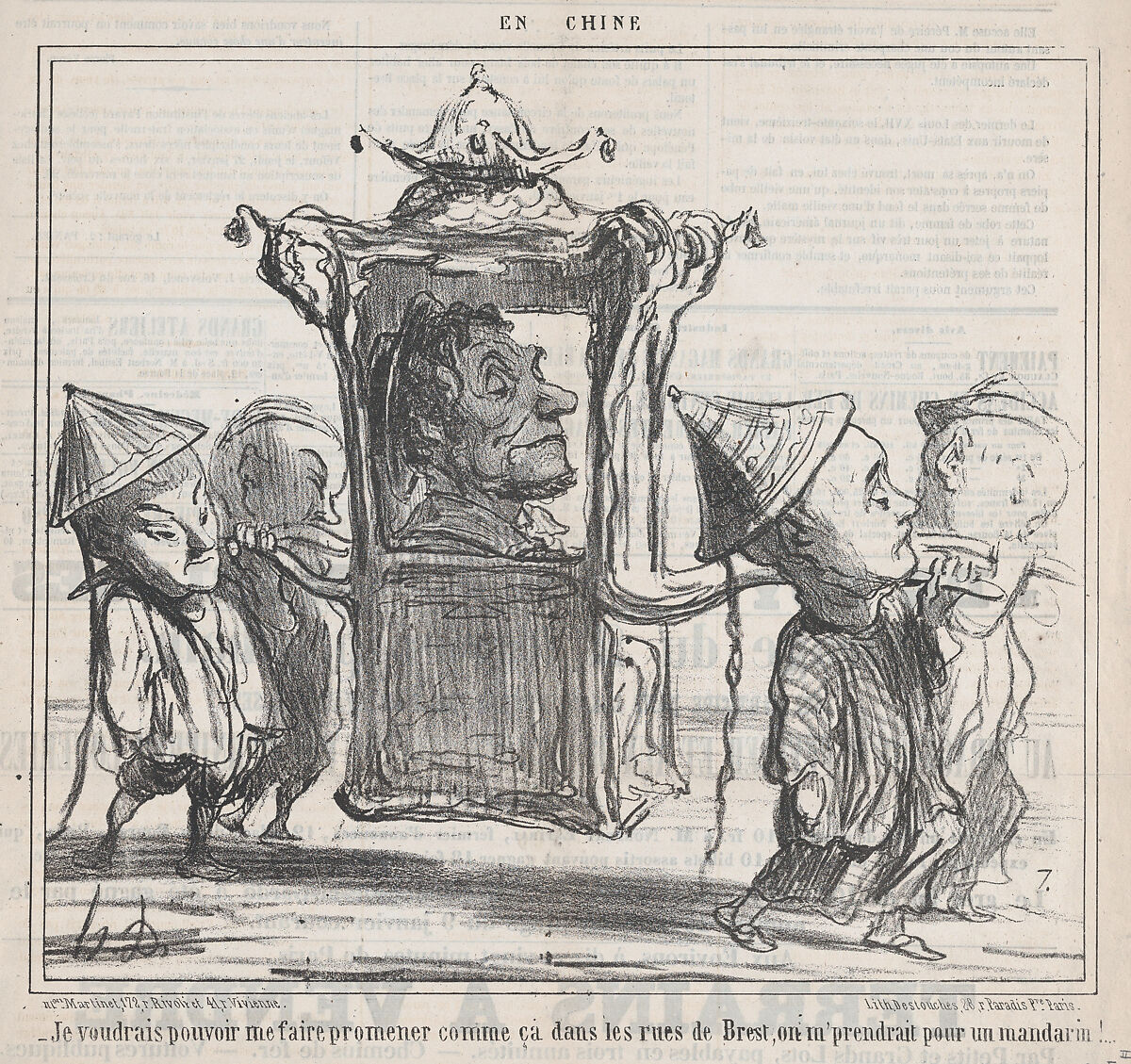 Je voudrais pouvoir me faire promener, from En Chine, published in Le Charivari, January 22, 1859, Honoré Daumier (French, Marseilles 1808–1879 Valmondois), Lithograph on newsprint; second state of two (Delteil) 