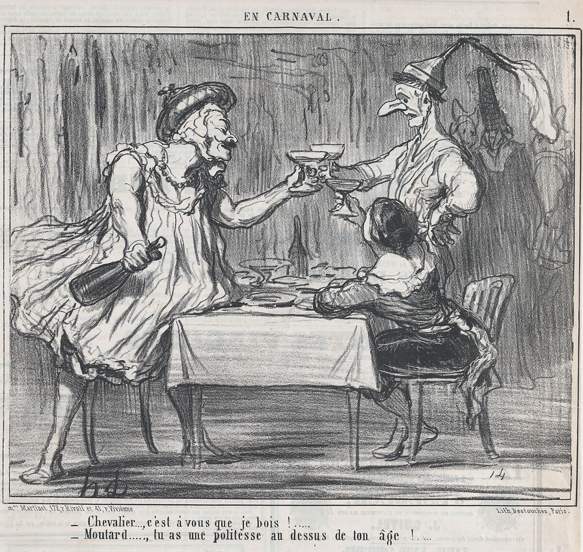 Chevalier..., c'est à vous que je bois!...., from En Carnaval, published in Le Charivari, March 4, 1859, Honoré Daumier (French, Marseilles 1808–1879 Valmondois), Lithograph on newsprint; second state of two (Delteil) 