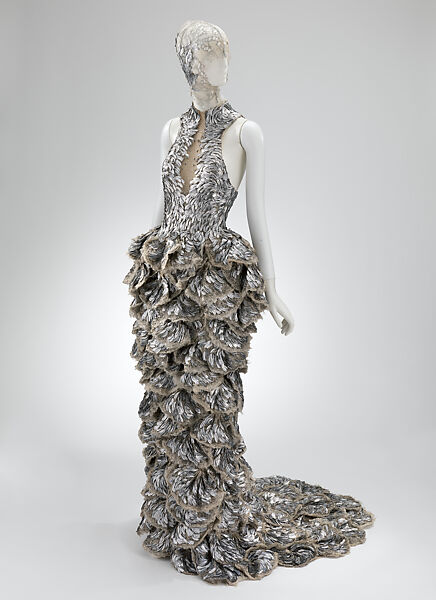 Ensemble, Alexander McQueen (British, founded 1992), (a) silk, metal, glass; (b) silk, metal; (c) synthetic fiber, metal, glass; (d, e) metal, leather, silk, glass, British 