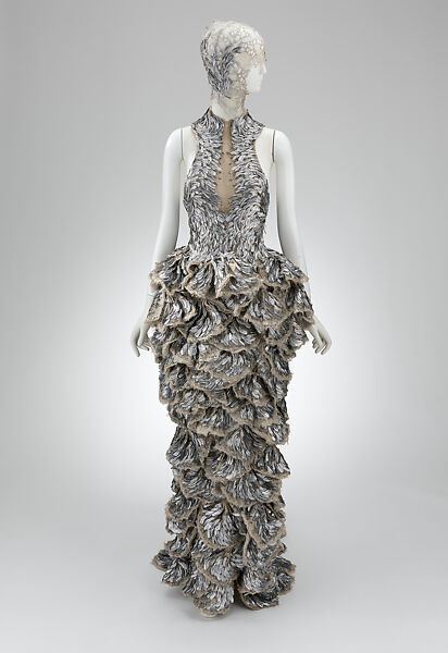 Ensemble, Alexander McQueen (British, founded 1992), (a) silk, metal, glass; (b) silk, metal; (c) synthetic fiber, metal, glass; (d, e) metal, leather, silk, glass, British