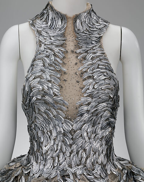 Ensemble, Alexander McQueen (British, founded 1992), (a) silk, metal, glass; (b) silk, metal; (c) synthetic fiber, metal, glass; (d, e) metal, leather, silk, glass, British