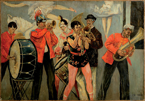 Saltimbanques—The Sideshow Orchestra (Les Saltimbanques—L’Orchestre en parade), Jean-François Raffaëlli (French, Paris 1850–1924 Paris), Oil on paper, laid down on canvas 
