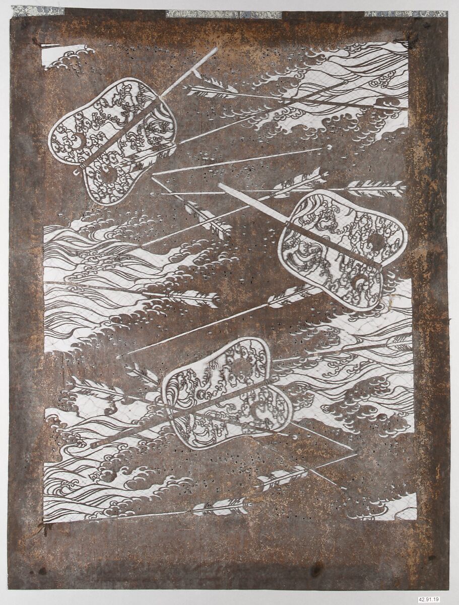 Stencil with Pattern of Battle Fans and Arrows on Waves, Paper reinforced with silk, Japan 