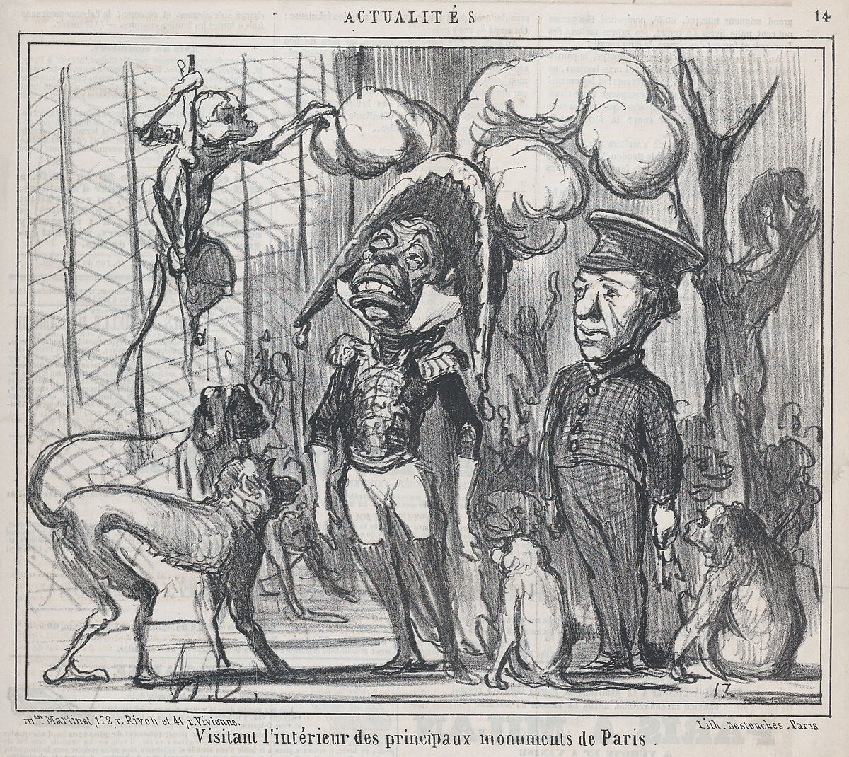 Visitant l'intérieur des principaux monuments de Paris, from Actualités, published in Le Charivari, March 9, 1859, Honoré Daumier (French, Marseilles 1808–1879 Valmondois), Lithograph on newsprint; second state of two (Hazard & Delteil) 