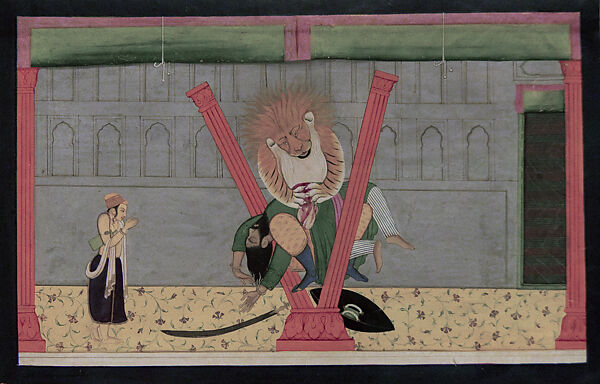Narasimha Kills the Demon-King Hiranyakashipu, Opaque watercolor and ink on paper, Northern India, Kangra, Punjab Hills 