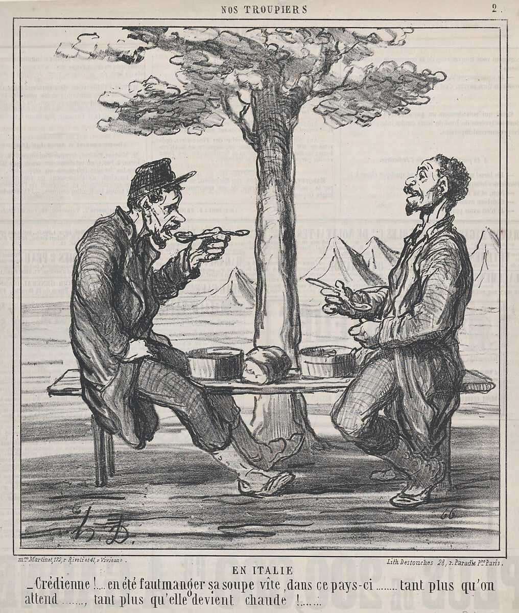 En Italie, from Nos Troupiers, published in Le Charivari, July 28, 1859, Honoré Daumier (French, Marseilles 1808–1879 Valmondois), Lithograph on newsprint; third state of four (Delteil) 