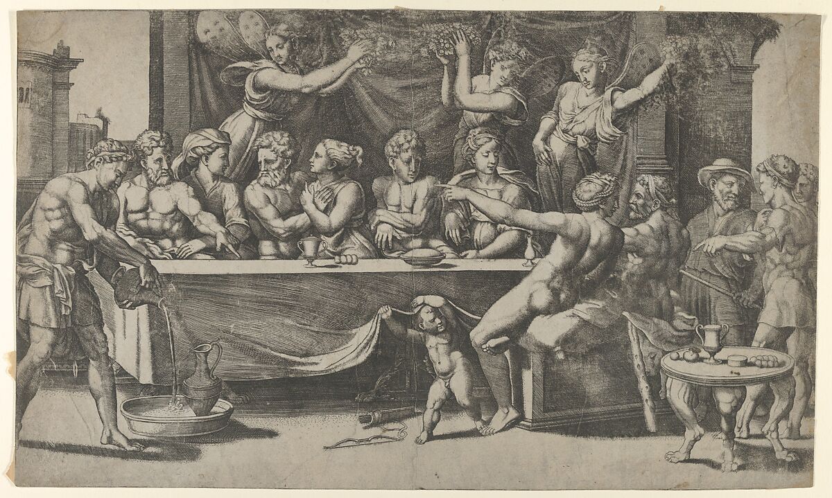 The Olympian gods at the marriage feast of Cupid and Psyche, after Raphael, Master of the Die (Italian, active Rome, ca. 1530–60), Engraving 
