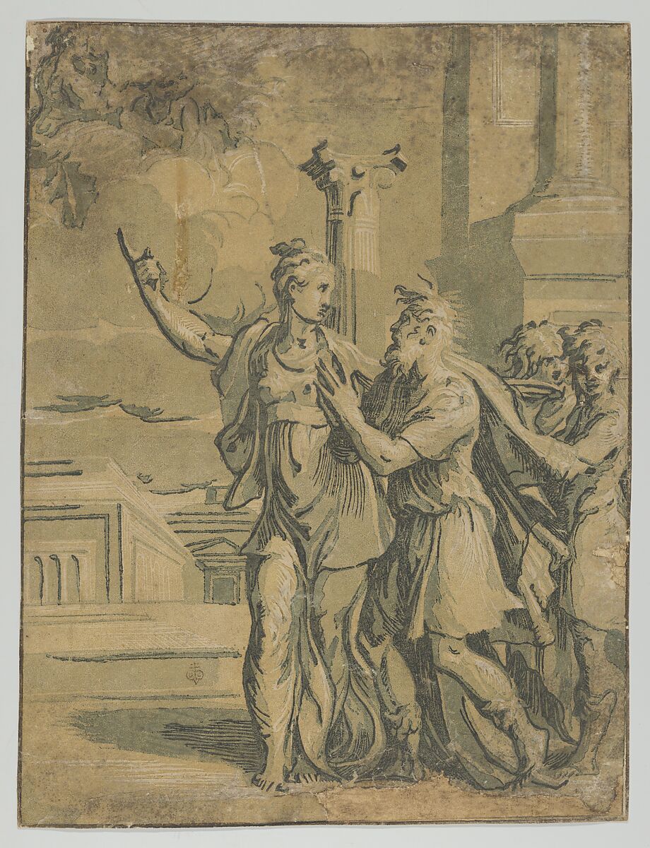 The Tirburtine Sibyl telling the Emperor Augustus of the coming in Christ, after Parmigianino, Anonymous, Italian, 16th century, Chiaroscuro woodcut from four blocks in green; damaged impression 