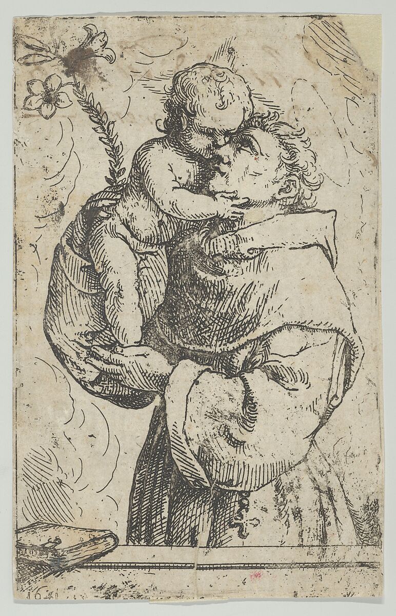 St Antony of Padua embracing the Christ Child, Anonymous, Etching 