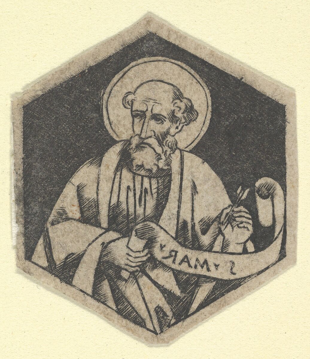 St Mark the Evangelist, holding a banderole (possibly a modern impression), Anonymous, Engraving, printed from a plate engraved in the niello manner 