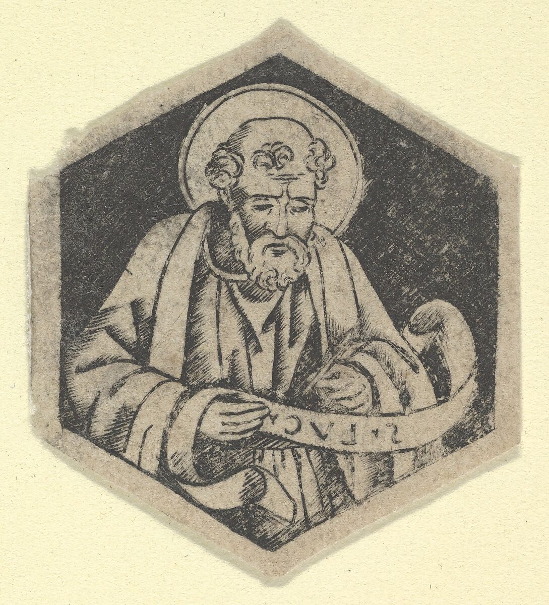 St Luke the Evangelist, holding a banderole (possibly a modern impression), Anonymous, Engraving, printed from a plate engraved in the niello manner 