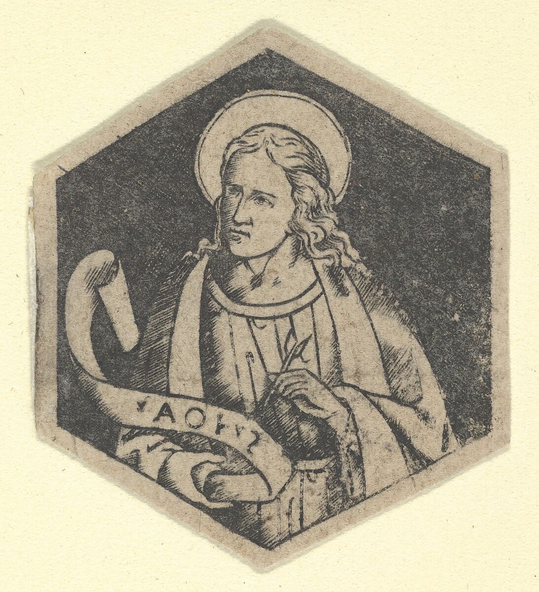St John the Evangelist, holding a banderole (possibly a modern impression), Anonymous, Engraving, printed from a plate engraved in the niello manner 