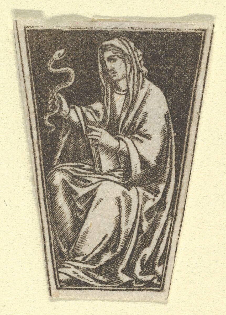 The cardinal virtue of Prudence represented by a seated woman holding a snake in her right hand  (possibly a modern impression), Anonymous, Engraving, printed from a plate engraved in the niello manner 