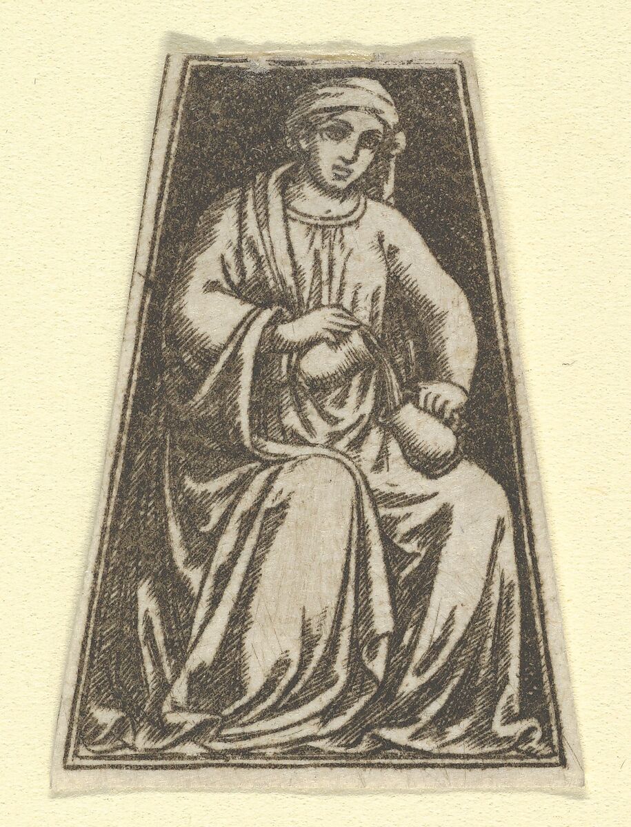 The cardinal virtue of Temperance represented by a seated woman pouring wine(?) from one jug into another  (possibly a modern impression), Anonymous, Engraving, printed from a plate engraved in the niello manner 