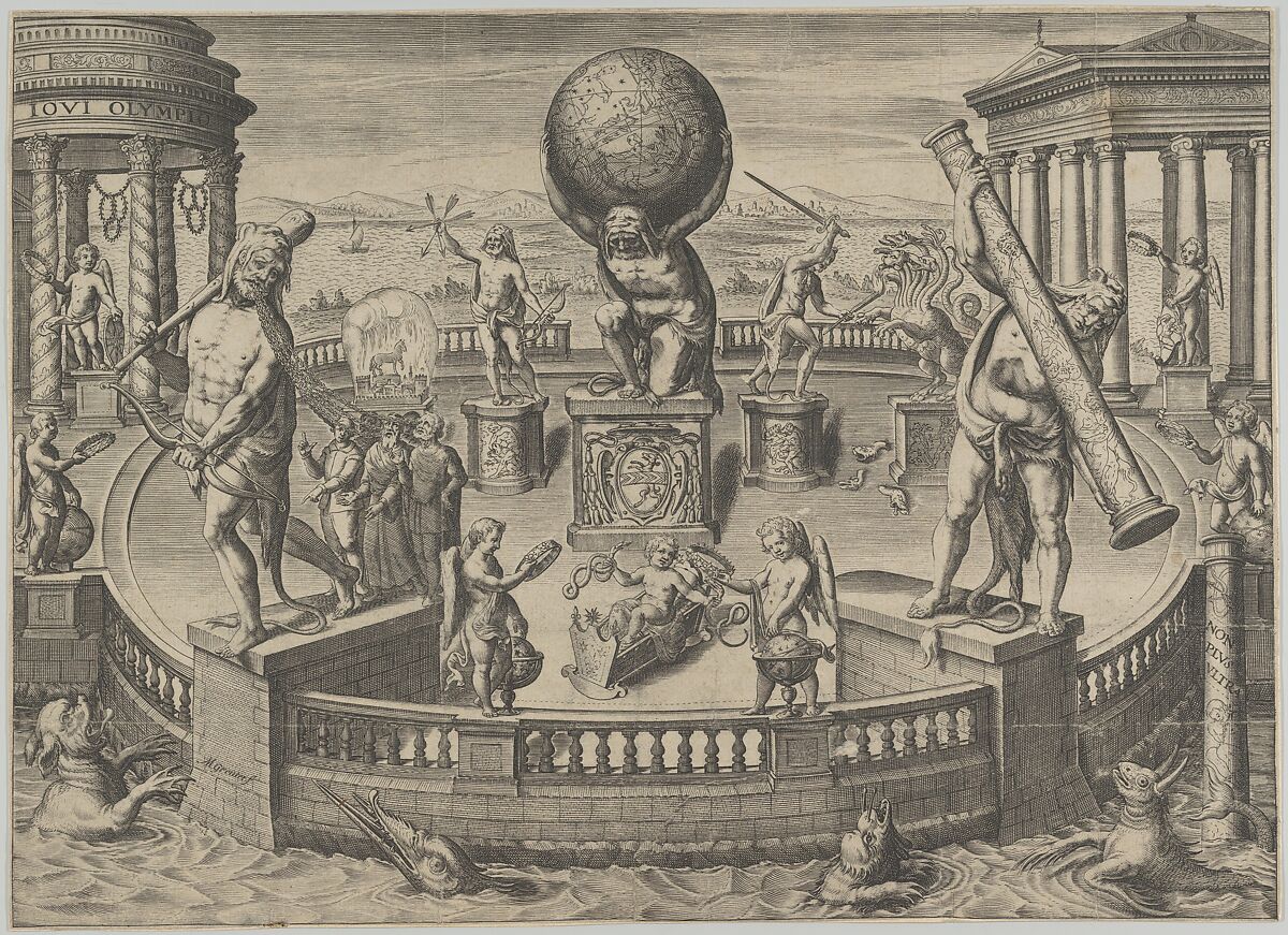 Allegory of the Twelve Labors of Hercules Statues in a Circular Garden, Matthaeus Greuter (German, Strassburg ca. 1566–1638 Rome), Engraving 