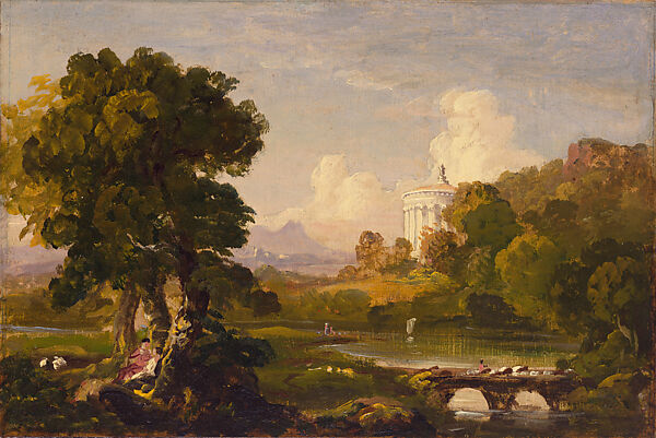 Landscape with a Round Temple, Thomas Cole (American, Lancashire 1801–1848 Catskill, New York), Oil on paper board, mounted on canvas, American 