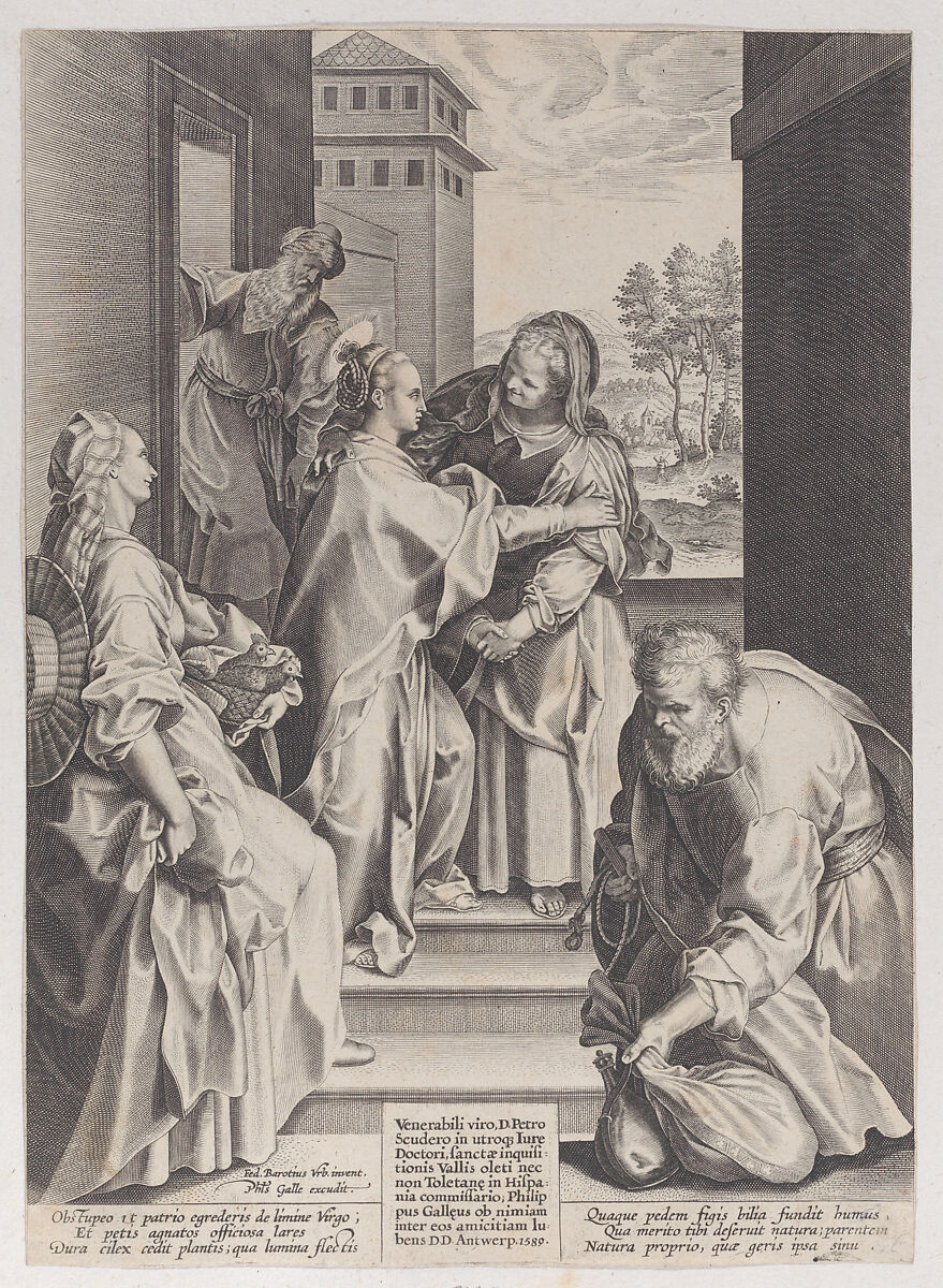 The Visitation, the Virgin and Saint Elizabeth embracing in the center, flanked by other figures, after Barocci, After Philips Galle (Netherlandish, Haarlem 1537–1612 Antwerp), Engraving